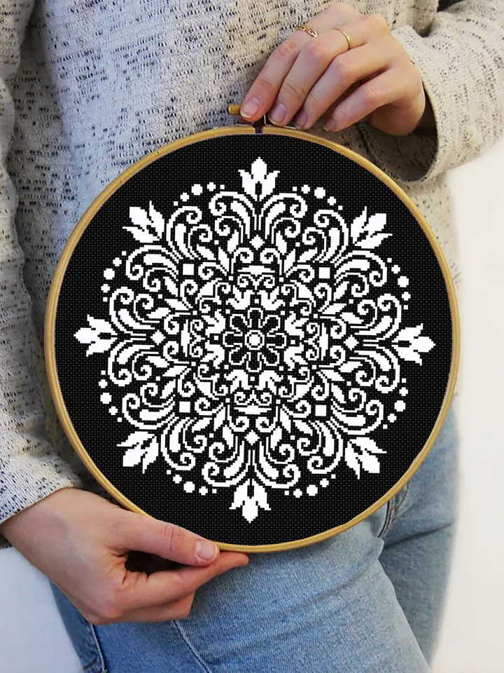 Flower mandala cross stitch pattern download PDF Simple mandala digital Monochrome cross stitch Modern cross stitch chart Home decor #M160