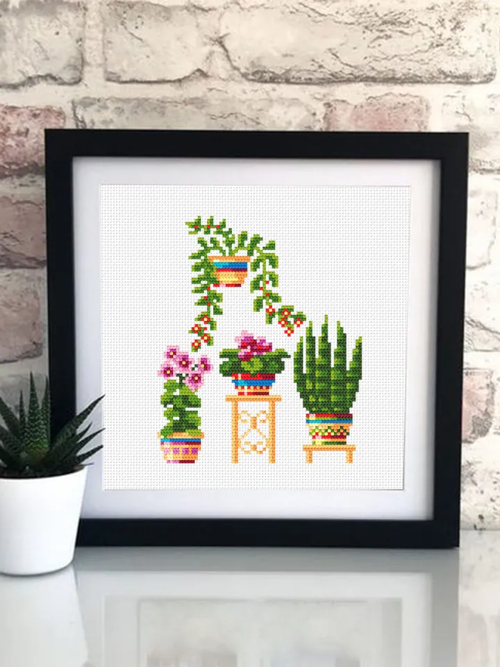 Home plants cross stitch pattern download PDF, Floral cross stitch chart, Small embroidery beginner, Potted plants digital pattern PDF #P6