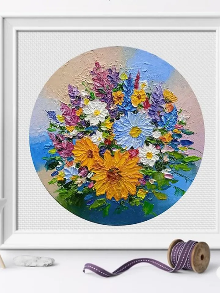 Round Oil Painting Bright Flowers Chamomile Sunflowers Miniature Impasto d.18 cm