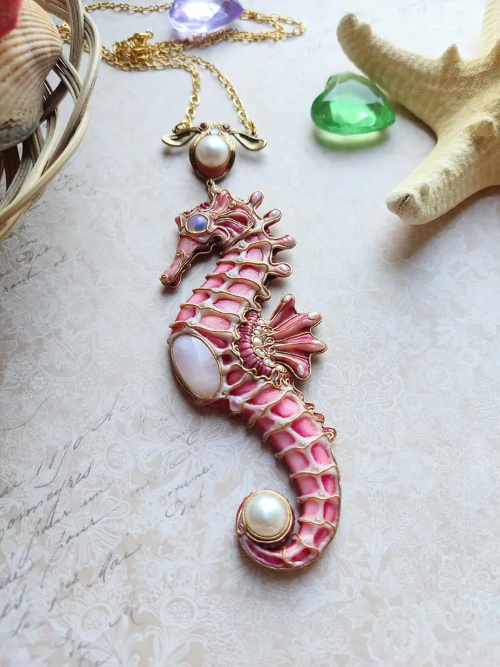 Seahorse necklace, Pink Seahorse, Pearl necklace, Seahorse jewelry