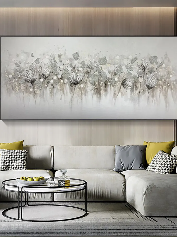 Abstract Blossom Floral Oil Painting on Canvas, Large Original Textured White Grey Poppy Bouquet Acrylic Painting Living Room Wall Art Decor