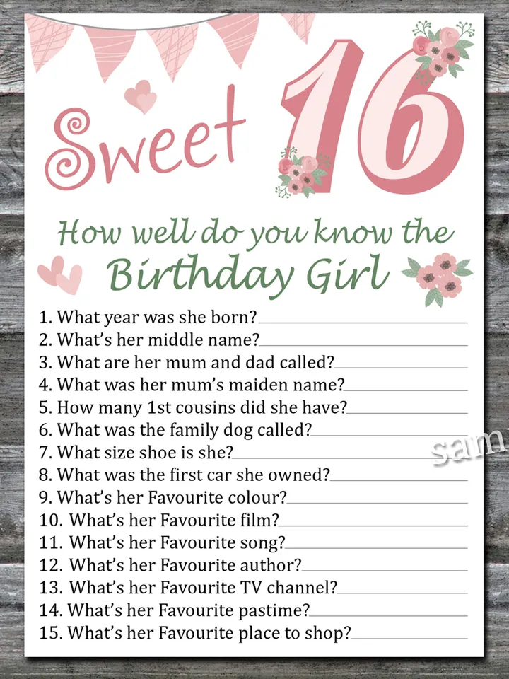 Sweet 16th How well do you know the birthday girl ,Adult Birthday party game printable Instant download