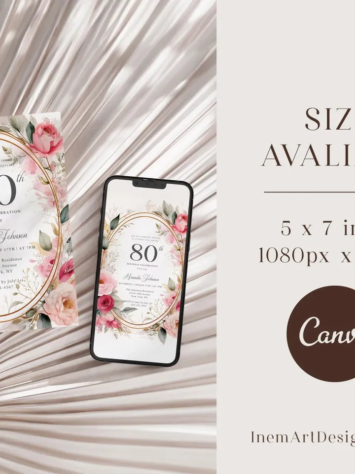 80th Birthday Invitation for Women – Blush Pink & Gold Floral, Elegant Printable Party Invite for Grandma or Mom, Digital Canva Template