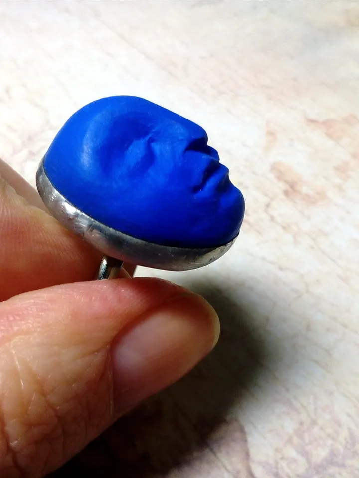 Blue moon clay ring, face moon Goddess ring, Halloween witchy ring,  Samhein bijouterie