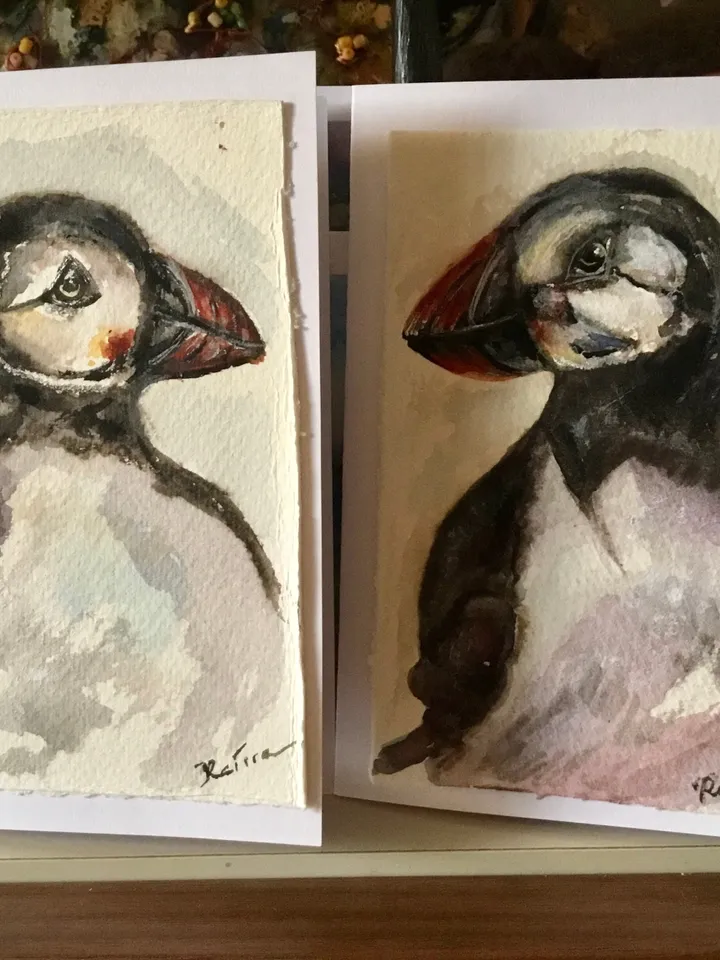 Puffins greeting cards,handpainted watercolour cards,original watercolour paintings,unique handmade gifts,small birds watercolor paintings .