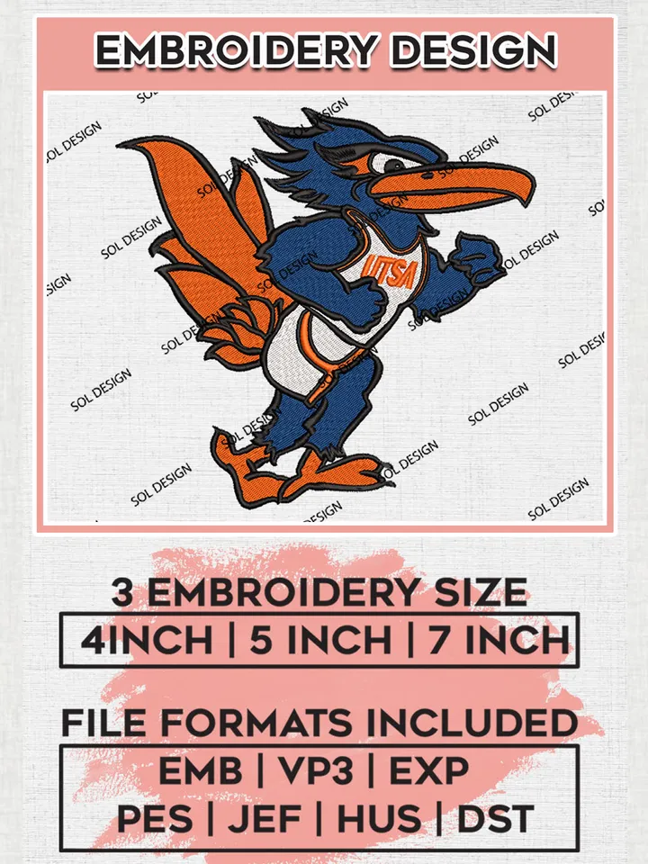 NCAA UTSA Roadrunners Team Funny Mascot Logo Embroidery Design Files, NCAA UTSA Roadrunners Machine Embroidery, NCAA Teams, 3 sizes, NCAA Machine embroidery designs, Digital Download