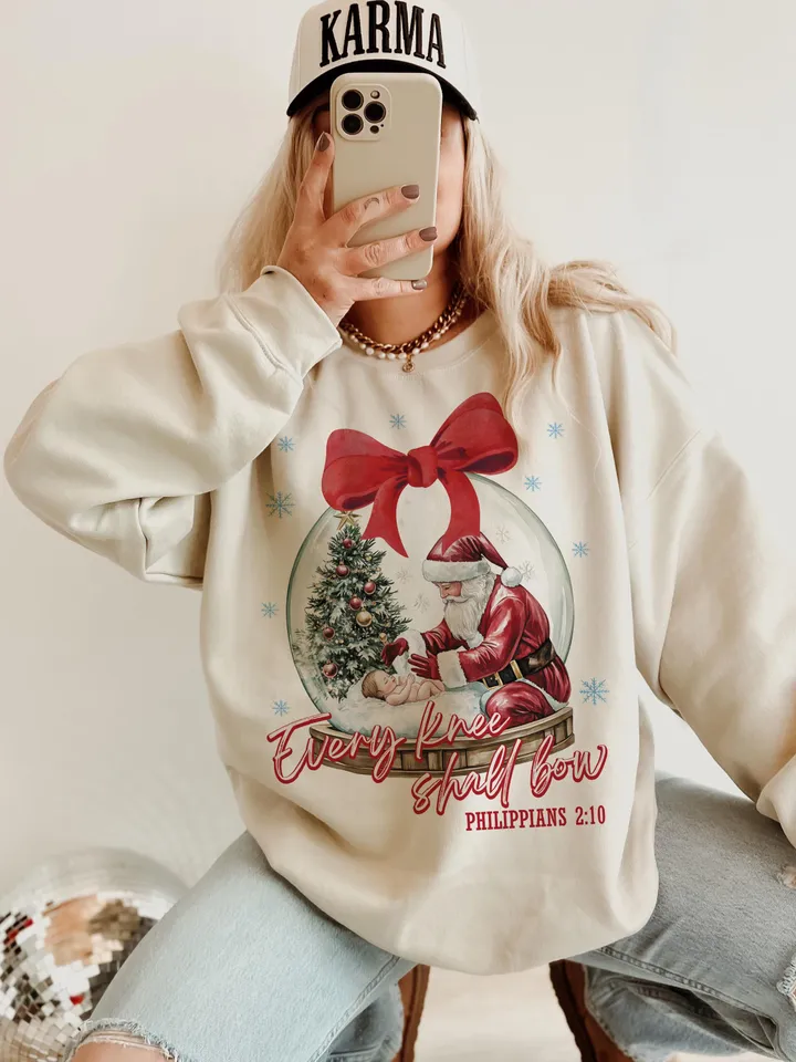 Every Knee Shall Bow PNG sublimation, Nativity Scene Png, Santa Christmas Png, Christmas Shirt, Kneeling Santa Png, Baby Jesus Png