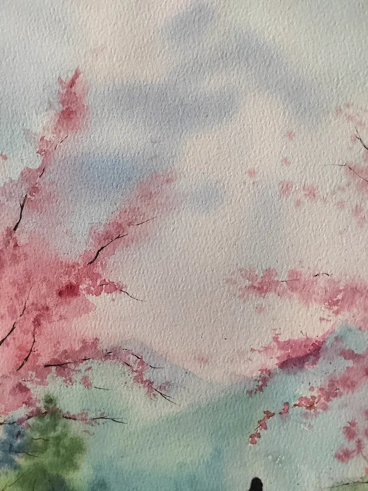Japan Landscape Art Cherry blossoms Artwork Bridge River Picture Original Watercolor Painting 10.62x15.35 in by SoftWaves