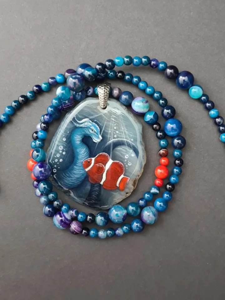 Dragon necklace Blue Dragon on Agate Stone charm Christmas Gift Wrapping