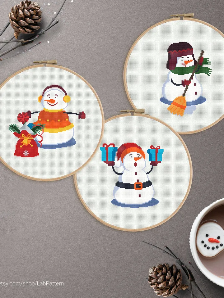 Bundle of 3 Funny Snowman 2022 New Year Cross stitch pattern | Embroidery Pattern | Instant Download | Embroidery Designs