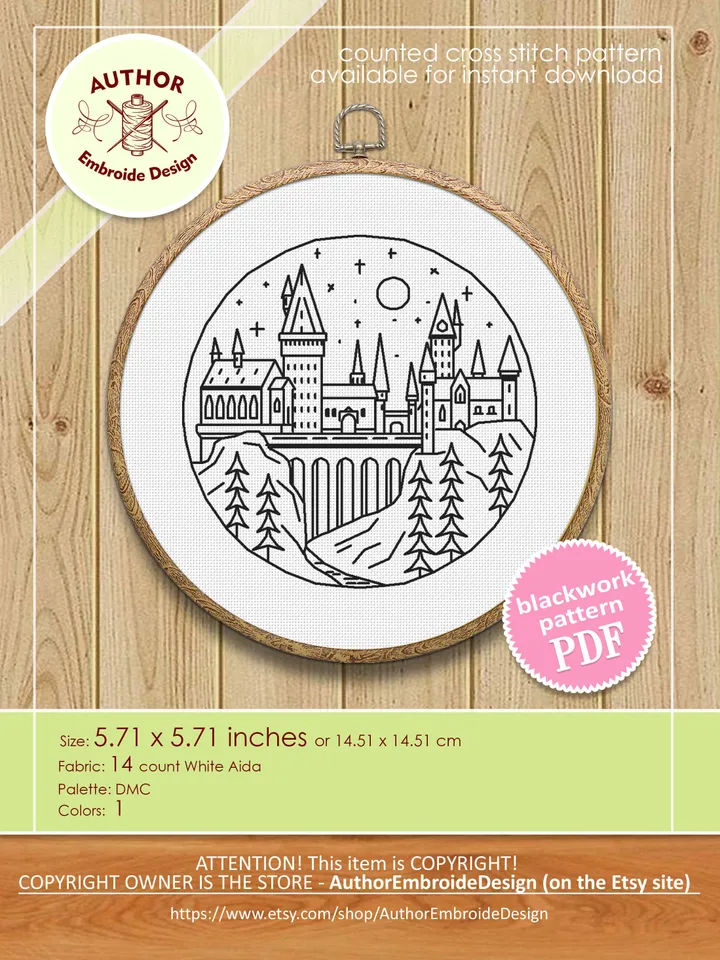 Wizard school blackwork pattern PDF Magic castle cross stitch, Fantasy Wizarding world hand embroidery PDF download, Backstitch chart #W13