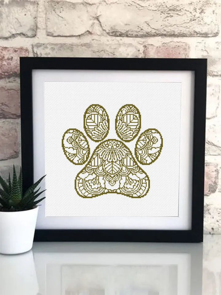 Mandala cat paw cross stitch pattern PDF download Monochrome mandala cross stitch chart, Mandala ornament embroidery PDF, Home decor #M224