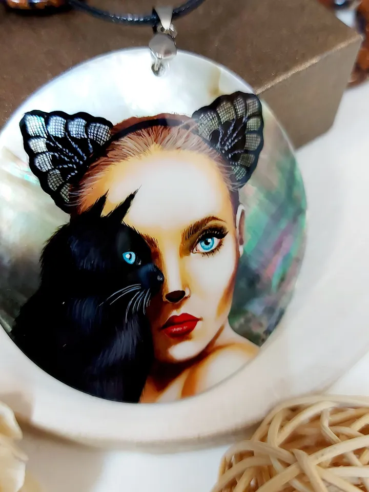 Mother-of-pearl Russian hand-painted necklace pendant "Сatwoman" Jewelry Russian jewelry magic of painting fine art jewelry Fedoskino