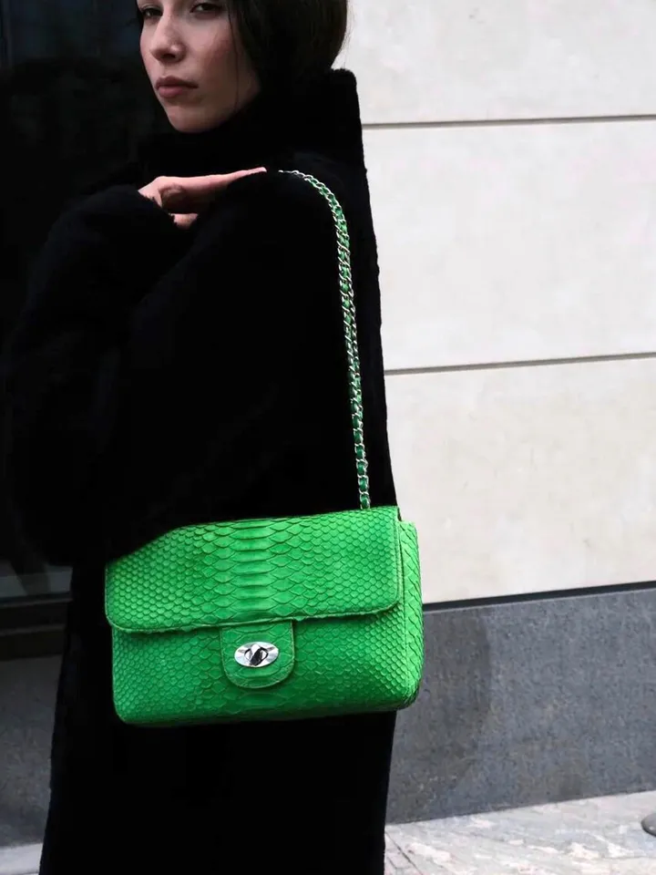 Genuine python skin maxi crossbody bag green colour big, summer big chain crossbody, elegant classy crossbody bag genuine leather summer