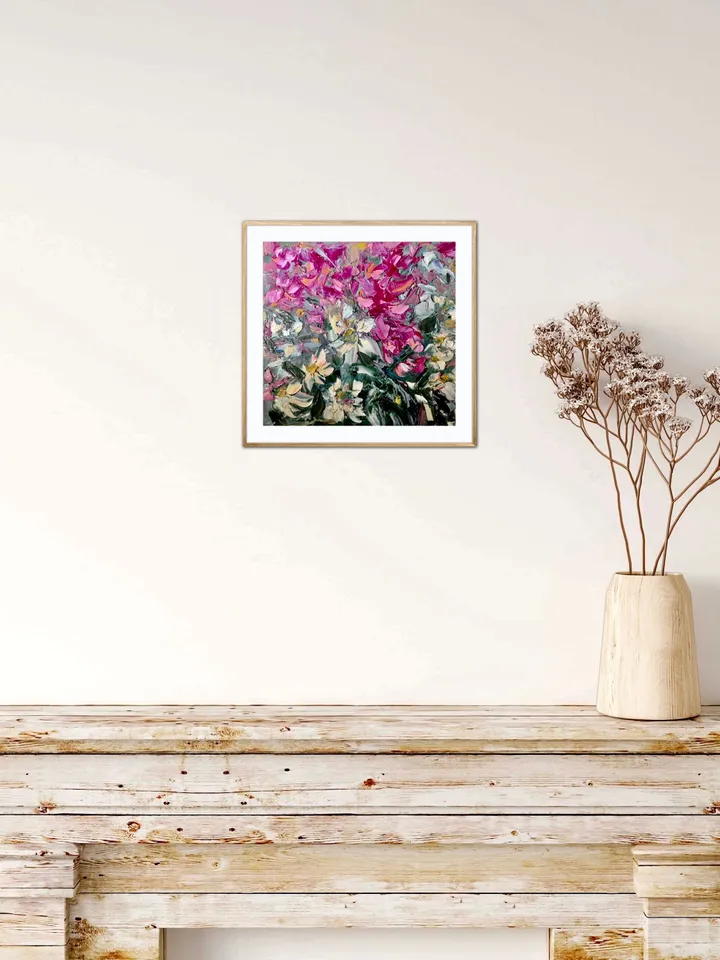 Pink and white flowers fantasy painting ,original oil impasto painting on small canvas board ,wall decoration,small gift.