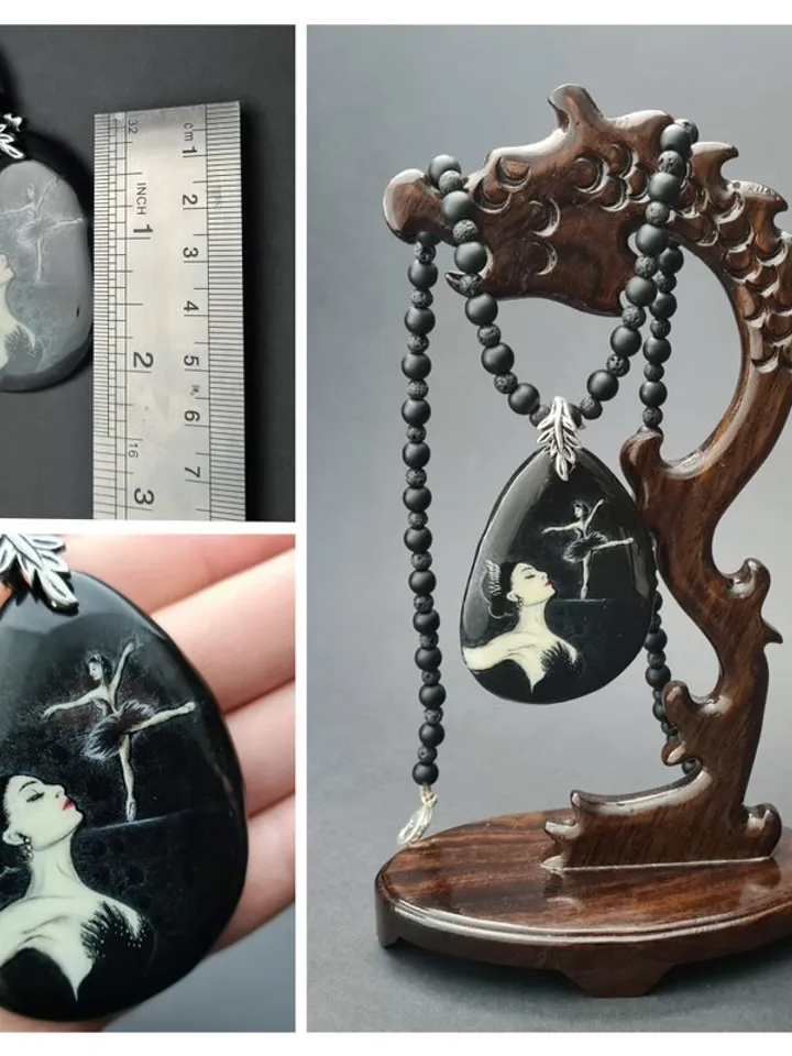 Necklace ballerina black swan Oil painting Miniature on agate One of a kind