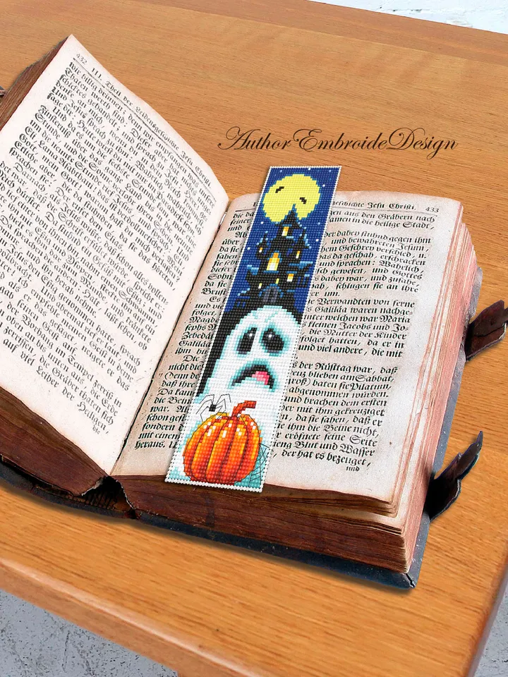 Halloween bookmark cross stitch pattern PDF download Halloween pumpkin cross stitch chart, Bookmark pattern digital, Book accessories #B337