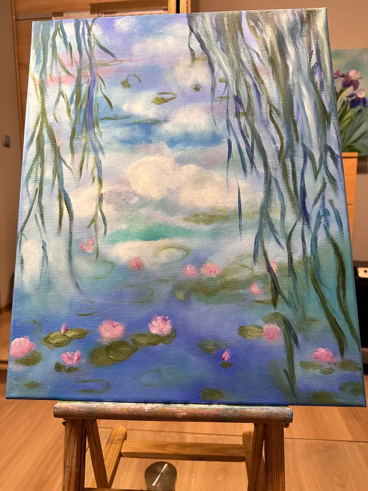 Oil Painting Water Lilies Based on Monet Claude Water Lilies Pond Water Landscape Stretched Canvas 20x16 Inches Wall Decor