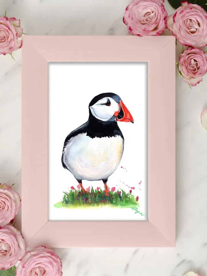Puffin original watercolor, birds painting, wall decor, 7x10 in art for bird lovers by Anne Gorywine
