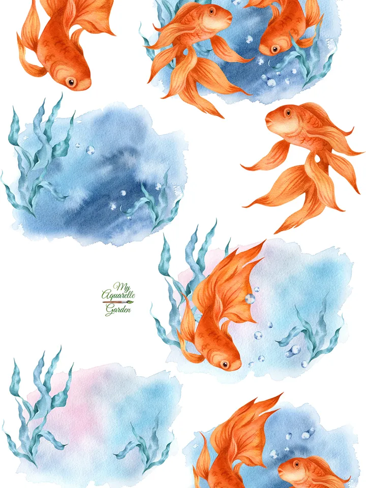 Goldfishes. Watercolor printable clipart. Nautical. Wall art, kids room decor, nursery decoration, decoupage. PNG files. Instant download