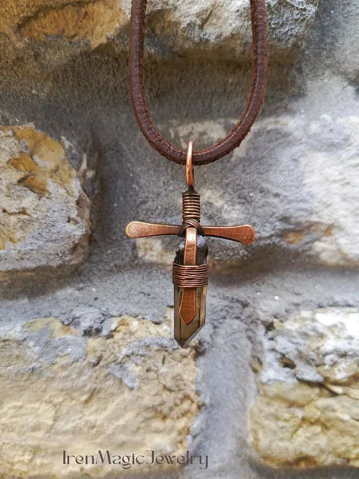 Copper Cross Pendant with Smoky Quartz Crystal