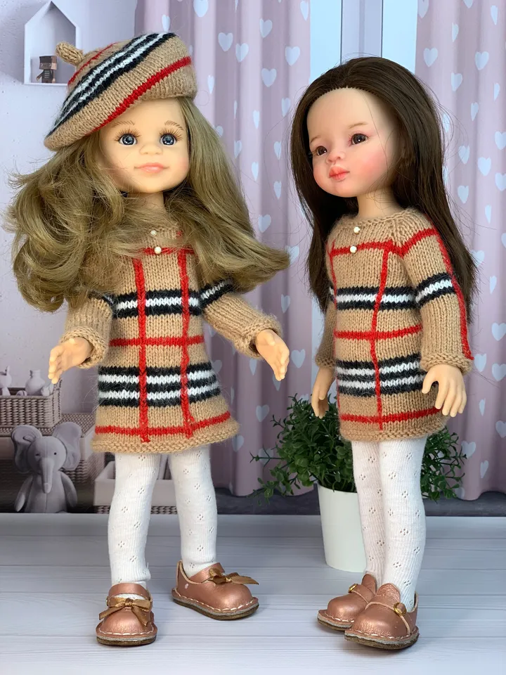 Сheckered Вress for Paola Reina doll KNIT PATTERN tutorial Boneka 12-13 inch doll, Ruby Red Siblies, Les Cheries 32 cm PDF eng