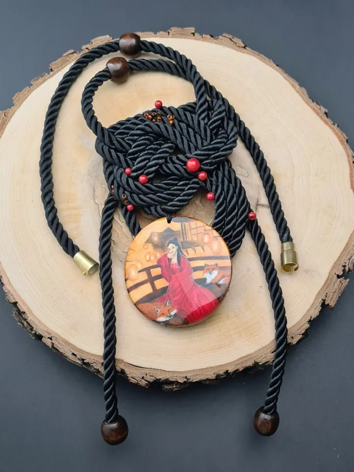 Kitsune necklace real oil painting miniature on jasper One of a kind Present OOA