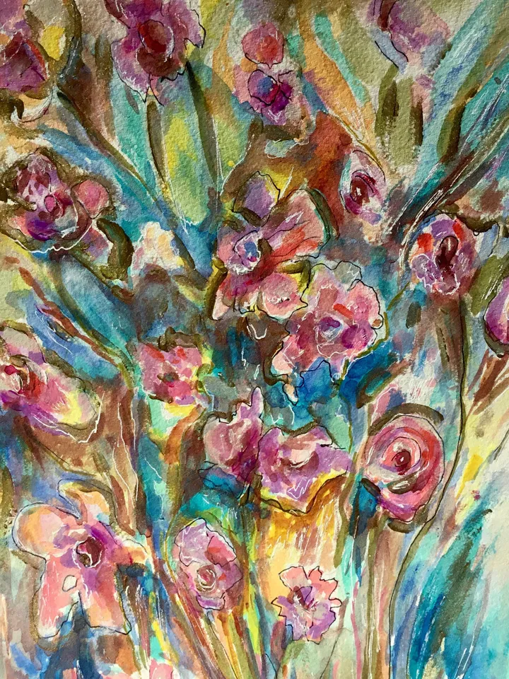 Flower fantasy original watercolor painting, flowers wall art, home decoration,gift,colourful flowers art.