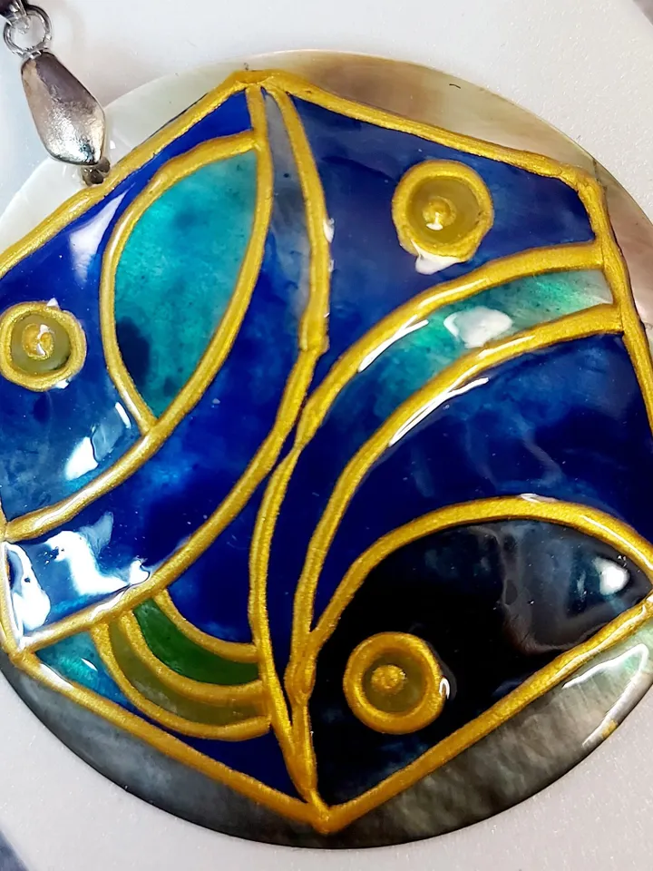 Pearl pendant necklace: Unique abstract necklace for women hand painted on mother of shell, Blue and gold painting on statement jewelry
