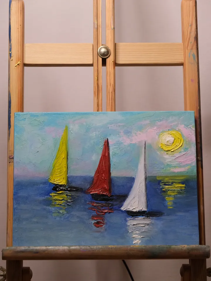 Oil Painting Sailboats Seascape Yachts Travel Sea Regatta 9x7 Inches 24x18 cm 3d Image Canvas on Cardboard Wall Decor Occasion Gift