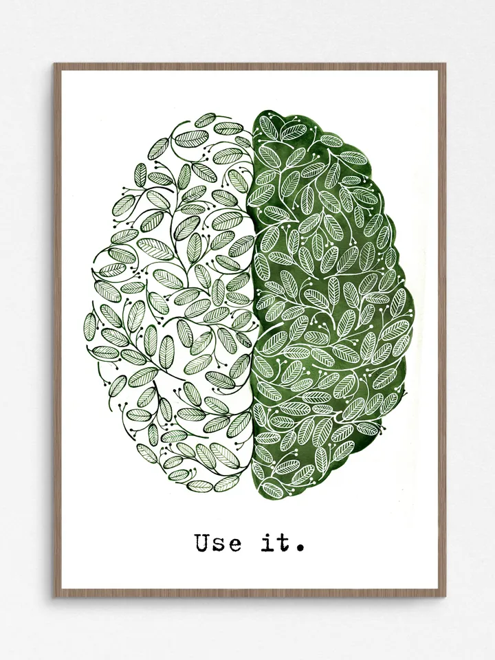 Watercolor poster "USE IT", green brain illustration