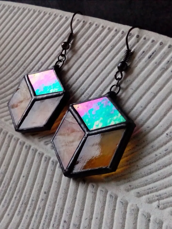 Cube hexagon geometric simple stained glass earrrings, honeycomb Iridescent earrings