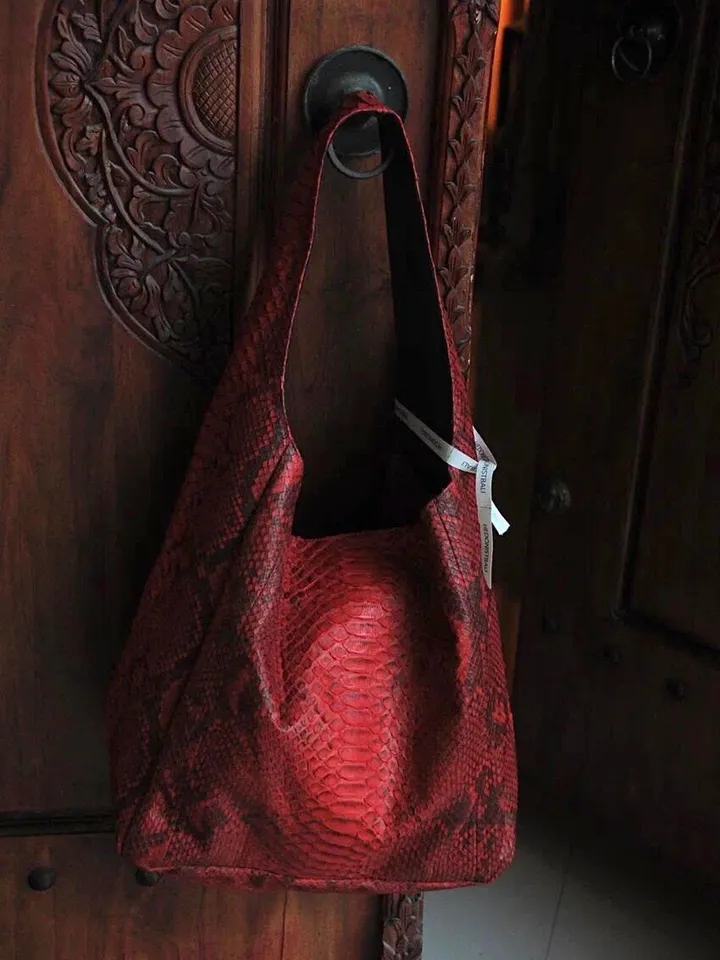 Big Soft Hobo Classy Sport Woman Bag | Purse Genuine Python Skin | Red Riva Elegant Leather Designer Soft Bag Snake | exotic leather purse