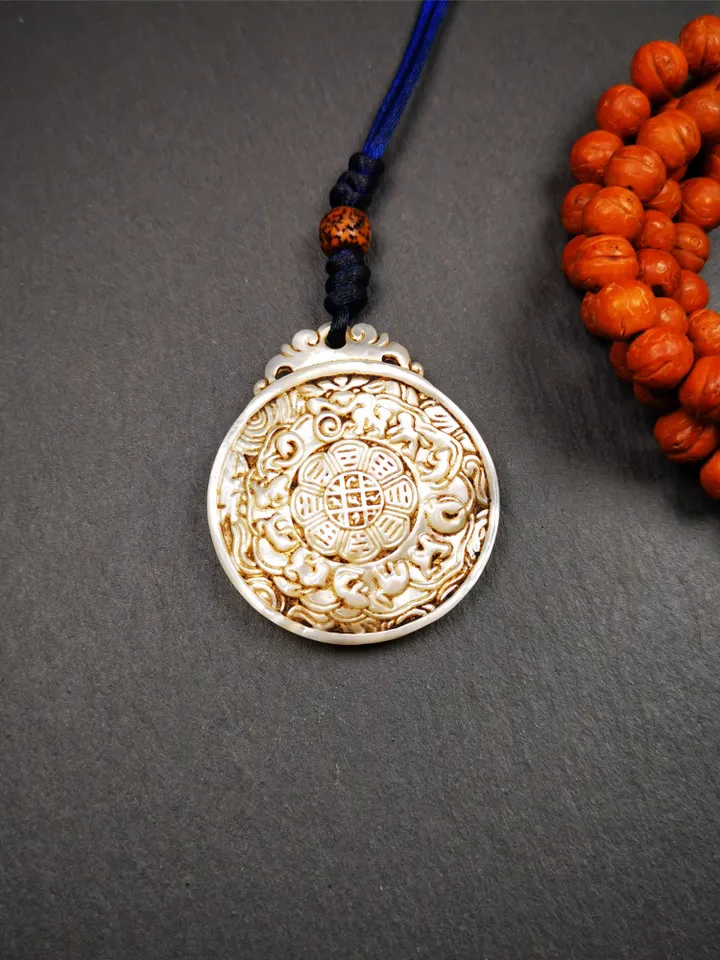 Antique Tibetan Buddhist Calendar Badge,Shell Carved Sipaho - Melong Mirror - Astrology Amulet Pendant - Protection & Feng Shui Decor