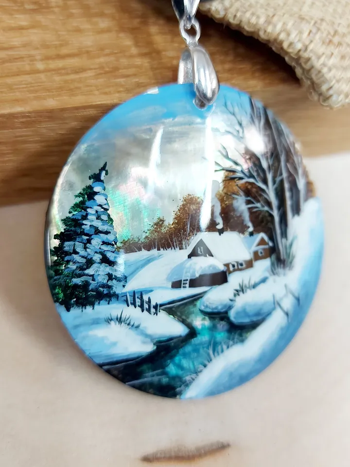 Nice Pendant Winter landscape. River. Mother-of-pearl Russian hand painting. Hand-painted necklace pendant. Hand painted miniature painting
