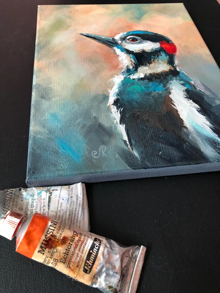 Birds Original Painting Woodpecker Wall Art Bird Oil Painting