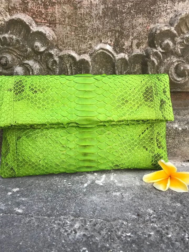 Genuine python skin bright green envelope clutch| Foldover Woman Summer Purse | Elegant Classy Clutch bag | Snakeskin small bag