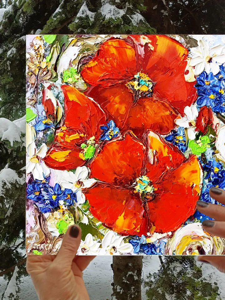 Poppy Painting Daisy Original Art Impasto Oil Painting Small Artwork Forget-me-nots Flower 10 by 10 inches by ArtProkopaloSv