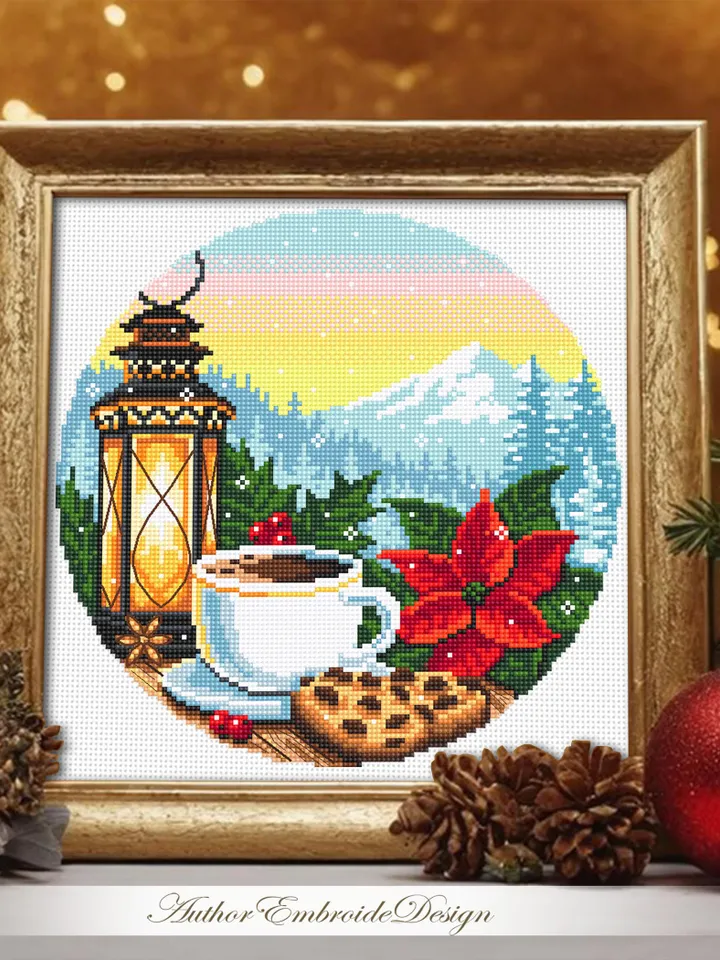 Christmas coffee cup cross stitch pattern PDF download Cozy cross stitch chart, Christmas pattern digital PDF, Mountain landscape #N190