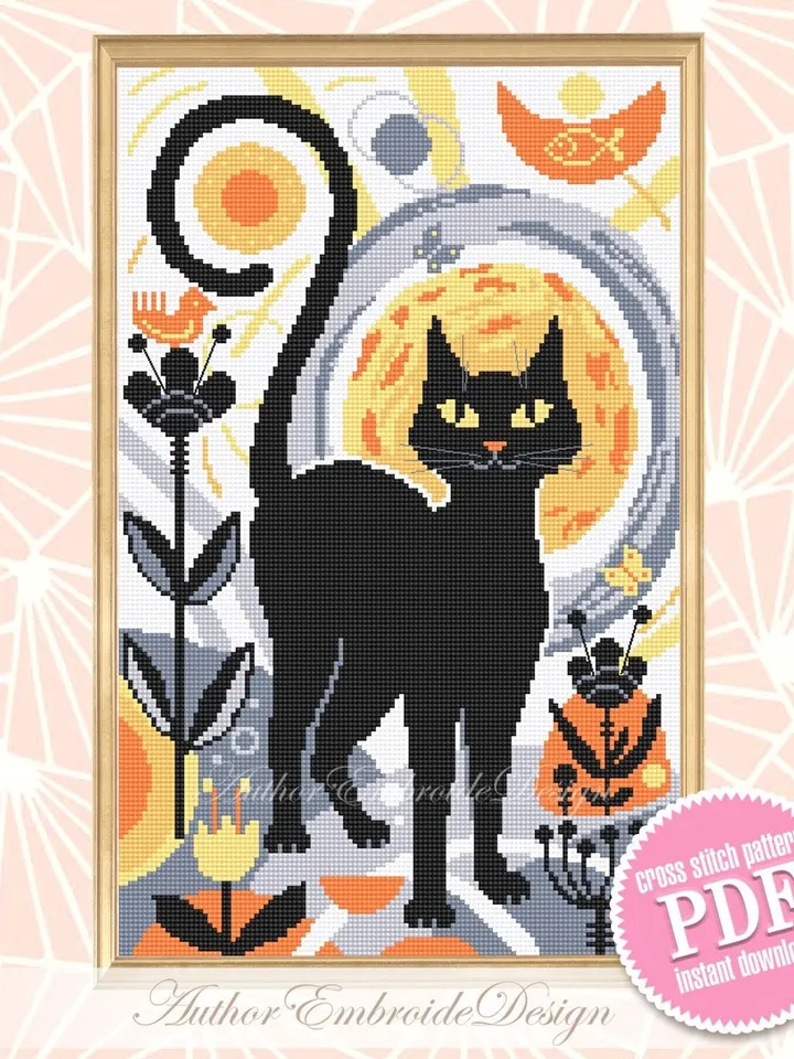 Boho cat cross stitch pattern PDF download Boho cross stitch chart, Abstract pattern digital PDF, Black cat embroidery, Boho wall decor #K22