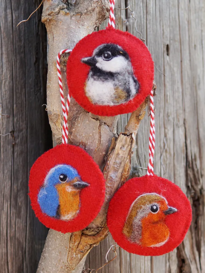 Set of 3 birds Christmas ornament, robin needle felted ornament, bluebird ornament, ships from the USA