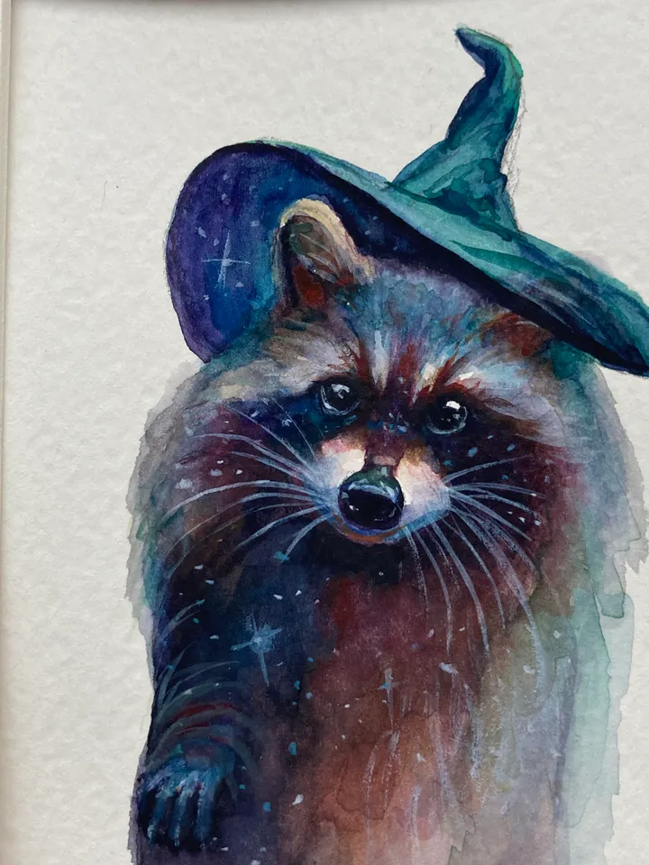 Raccoon Painting Original Watercolor Painting Raccoon Gift Small Animal Art Raccoon Illustration Witch Raccoon