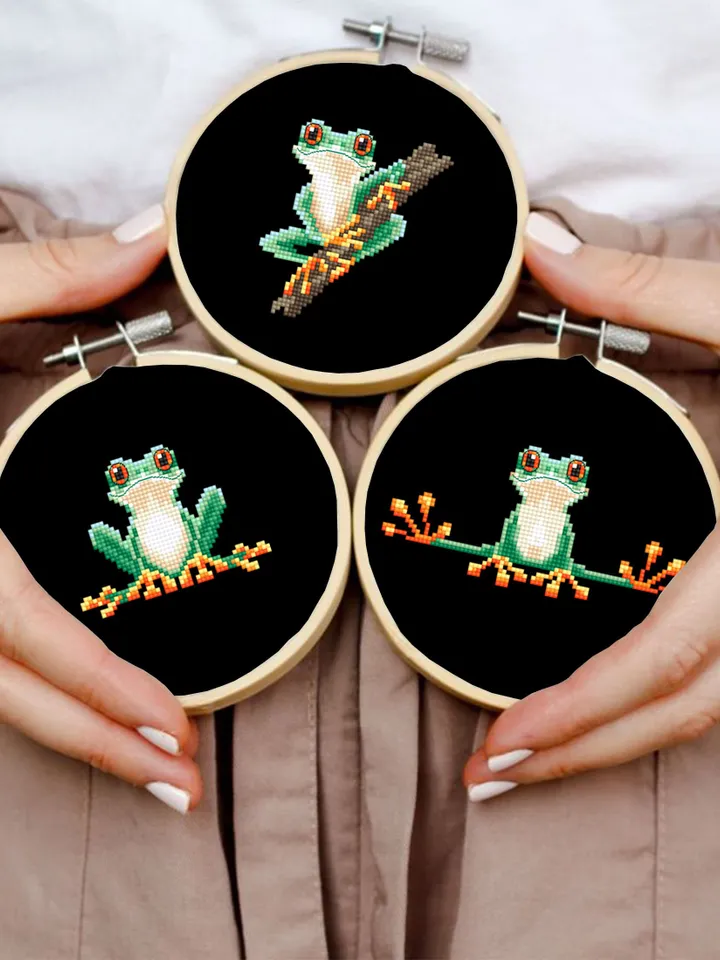 Small tree frog cross stitch pattern PDF Set of 3 frog patterns instant download, Mini cross stitch chart Red eyed tree frog embroidery #K19