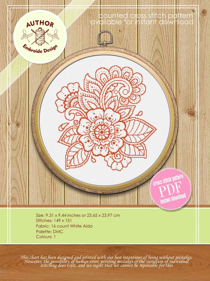 Mandala set cross stitch pattern download PDF, Crescent moon cross stitch, Flower mandala digital PDF, Monochrome floral cross stitch #S2