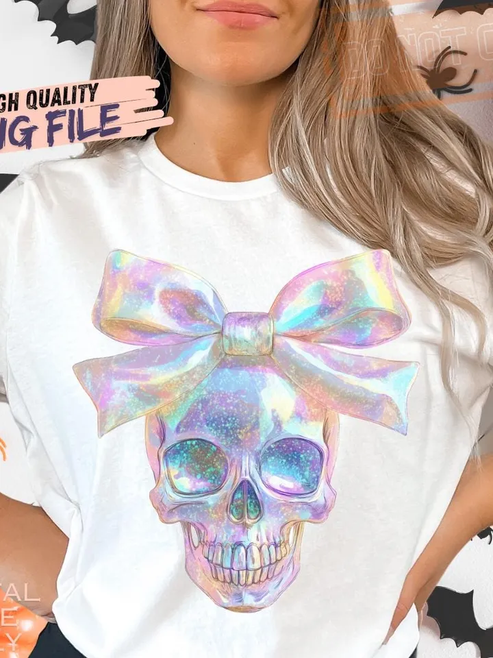 Iridescent Skull PNG, Coquette Halloween Design, Iridescent Ghost Skull Design, Halloween PNG, Girly Halloween Png, Cute Gothic Png