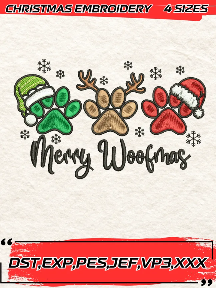 Merry Woofmas Embroidery Design,Christmas Embroidery Design,4 Sizes, Digital Download