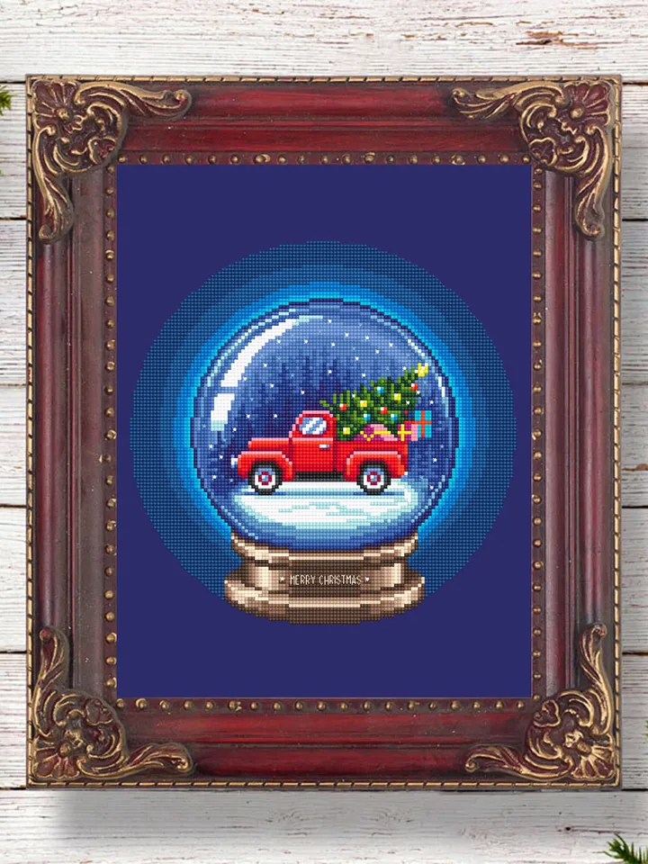 Vintage Christmas cross stitch pattern download PDF Red truck cross stitch chart, Snow ball embroidery PDF, Christmas ball cross stitch #N61