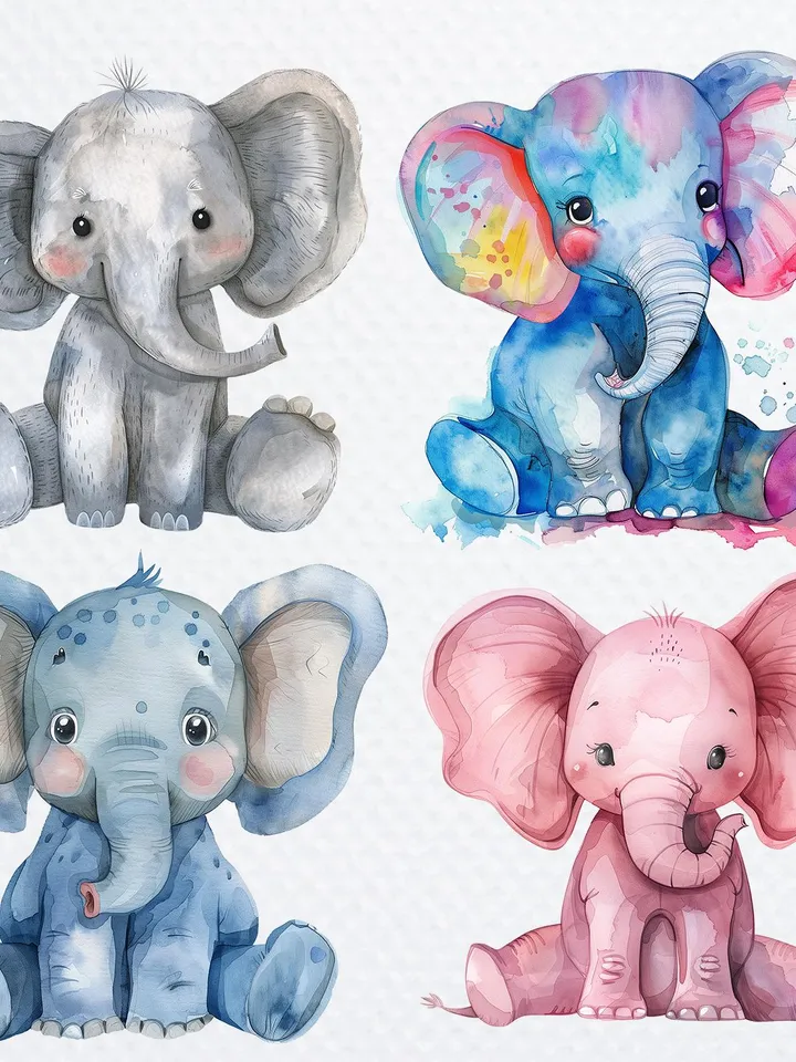 18 Cartoon Elephant PNG Bundle, Baby Elephant Printable Watercolor clipart for sublimation, Digital download, Paper craft, junk journal
