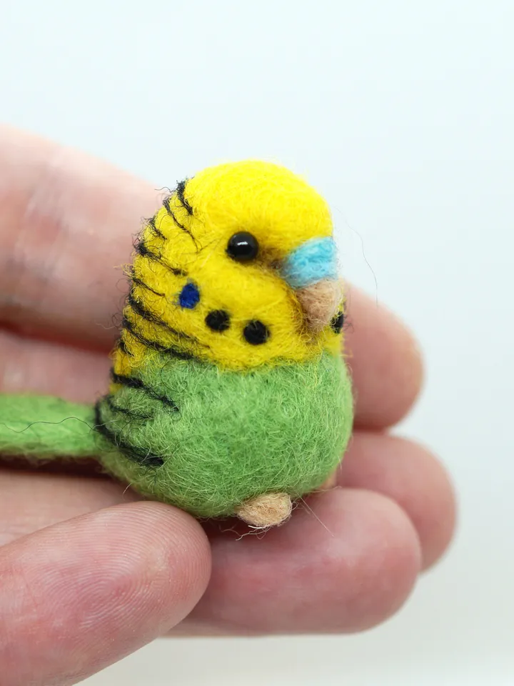 Miniature needle felted green and yellow budgie, pet bird, needle felted parakeet, made to order