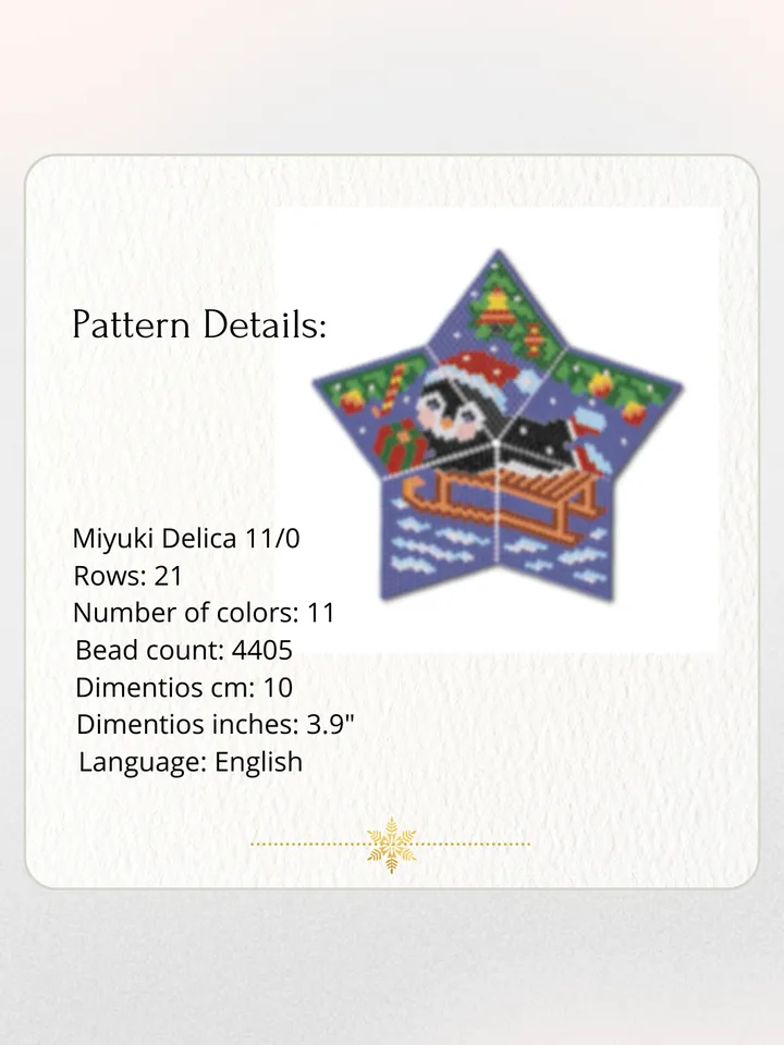 Sledding Penguin, 3D Peyote Star Beading PDF Pattern, Beadwork Christmas Ornament, Winter Landscape
